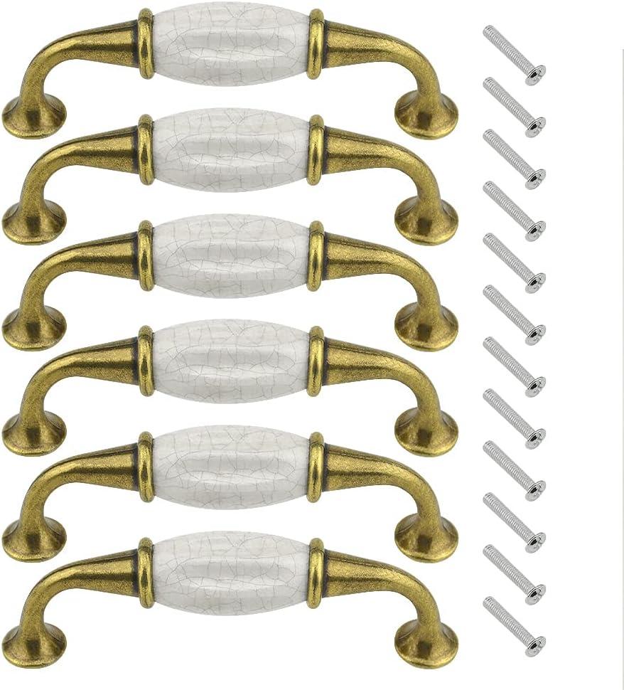 XINGYHENG 6PCS Cabinet Dresser Pulls White Ceramic Dresser Pulls Cupboard Drawer Pull Knobs Door Pull Handle with Screws 3.8"/96mm Centers (Gold, White) (3.78 Inch Hole Centers)