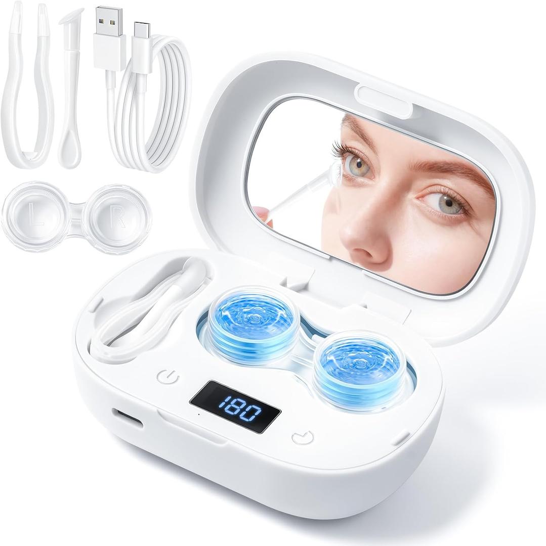 Portable Contact Lens Cleaner with Blue Light,LXIANGN Rechargeable Contact Lens Cleaner with Mirror, 3 Timing Modes for Disposal Soft Lens, Hard Lens, Contact Lens (White)
