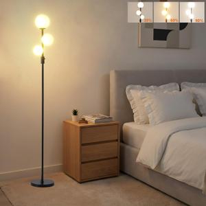 Fiqevs Upgraded Dimmable 3 Globe Mid Century Modern Floor Lamp, 3 x 3000K Warm Light LED Bulbs Included, Matt Black Standing Lamp with Sphere Glass Shade, Vintage Tall Lamp for Living Room, Bedroom