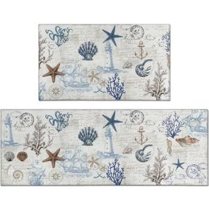 Nautical Kitchen Rug Set of 2,Ocean Themed Kitchen Decor Vintage Beach Kitchen Mat Non-Slip Washable, Farmhouse Kitchen Decor Anti Fatigue Floor Mat for Kitchen Laundry Room,17x30+17x47 Inch