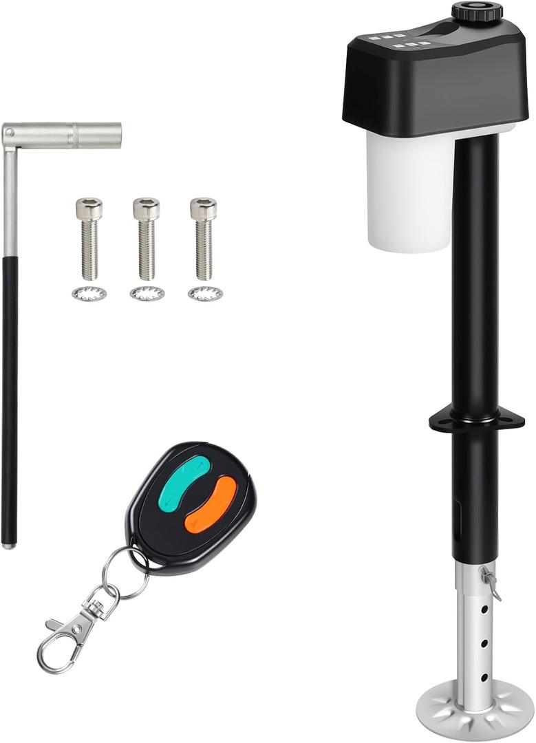 7600LBS Electric Trailer Jack, 12V Heavy Duty RV Jack with Remote Control, IPX64 Waterproof, 9.8-31.5" Extended Electric Tongue Jack for A-Frame, Utility & RV Trailer, LED Light & Bubble Level
