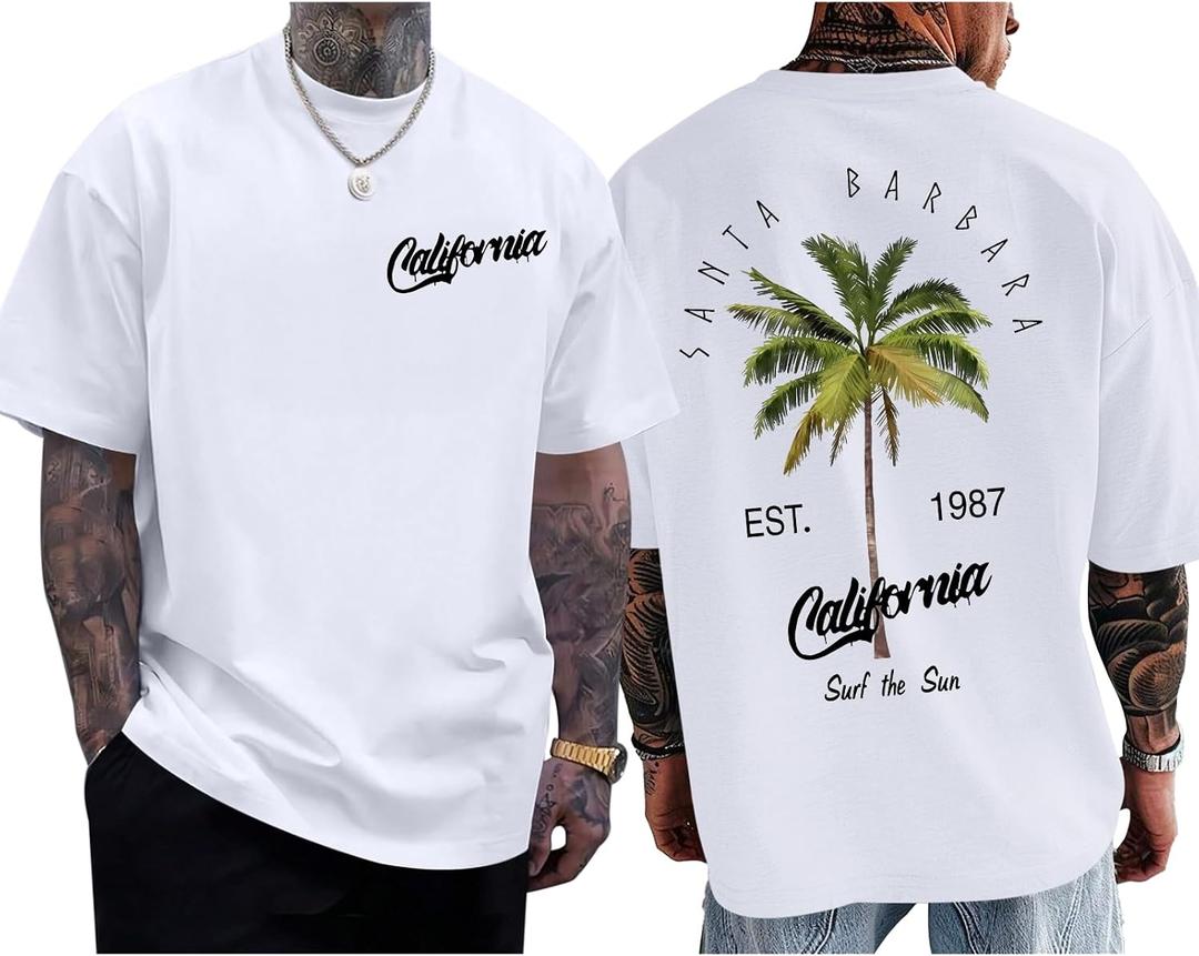 Beach Surf T Shirts for Men Graphic Tees Oversized Tshirts California T Shirt Palm Tree Printed Summer Cotton Tops Medium