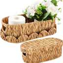 2 Pack Toilet Paper Storage Basket with Lid Two Water Hyacinth Woven Wicker Bathroom Organizer Farmhouse Boho Decorative Toilet Tank Top Holder Bath Accessories