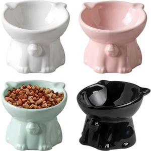 Ceramic Elevated Cats Bowls, 4Pc Extra Wide Raised Cats Bowls, Shallow Whisker Friendly Food & Water Dish, Anti Vomit, Microwave & Dishwasher Safe, 5 oz (Cat Bell 5 X 4.3'')