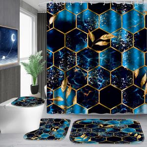 Poedist 4 Pcs Bathroom Shower Curtain Set,Bathroom Sets with Rugs(Bath Mat,U Shape and Toilet Lid Cover Mat) and 12 Hooks,Sky Blue Honeycomb Marble (Marble-03)