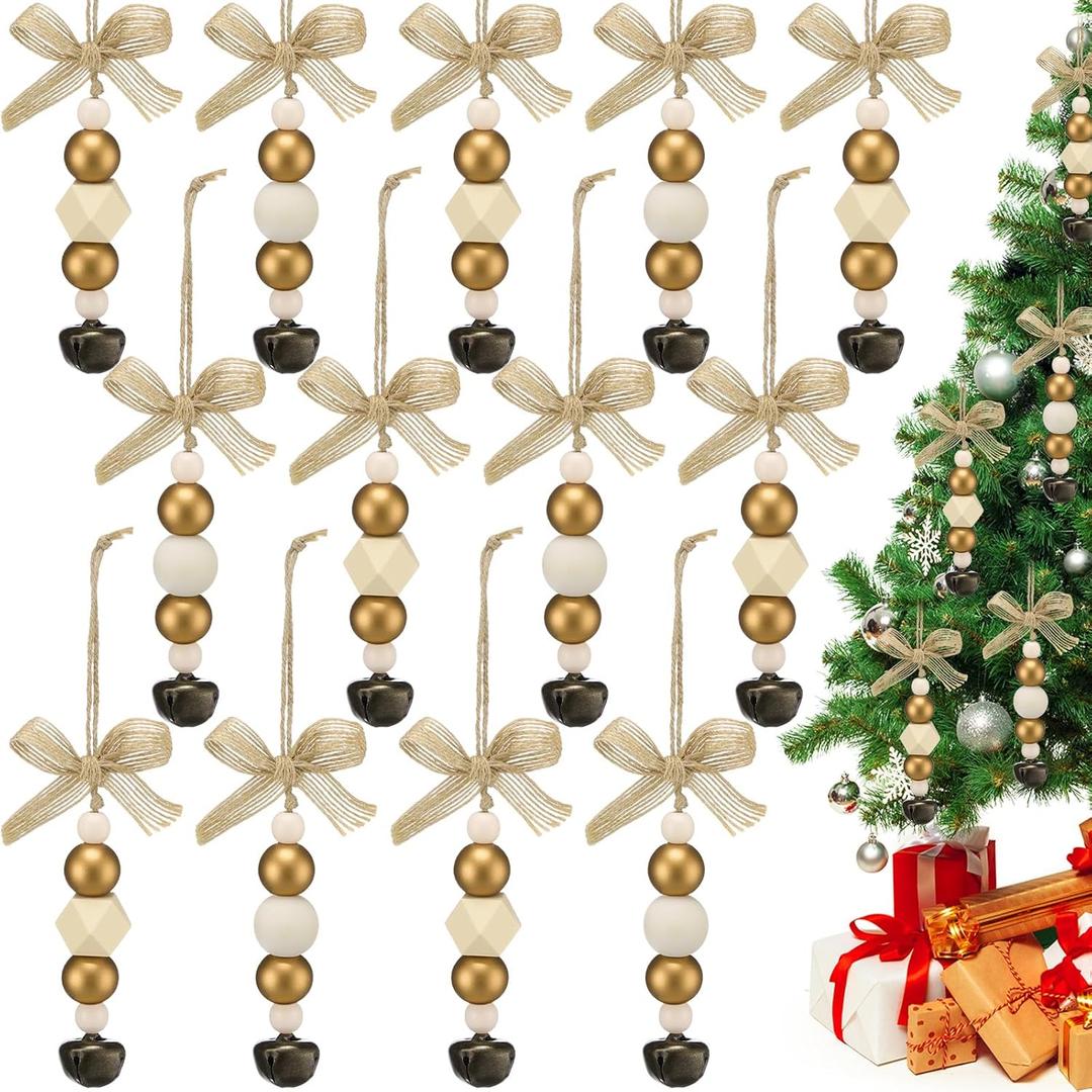 24 Pcs Wooden Beads Christmas Tree Ornaments, Boho & Farmhouse with Bell and Bowknot Christmas Tree Decor Rustic Bohemian Wood Ornaments for Xmas Home Fireplace Decorations