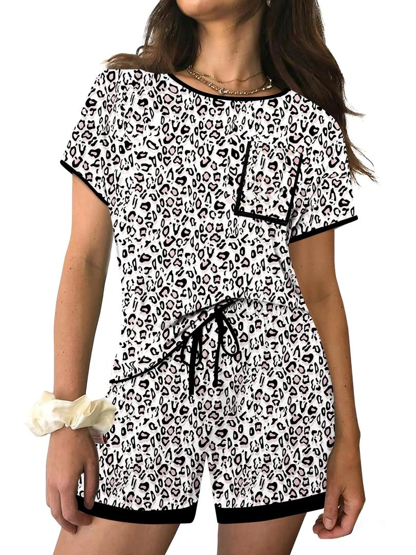 2 x KISSMODA Womens 2 Piece Lounge Outfits Button Down Shorts Whiteleopard XXL (White, XXL)