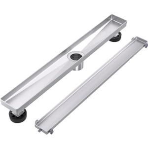 EXF Linear Shower Drain 24 Inch Tile Insert, Brushed Stainless Steel Rectangle Shower Floor Drain Cover with Hair Catcher, Adjustable Feet