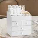 VLANDO Makeup Organizer Countertop,Large Vanity Organizer PU Leather Make up Storage with 4 Drawers Skin care Organizer Cosmetic Display Case for Lipstick,Brushes,Bedroom-White