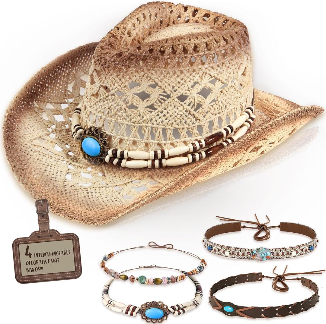 Straw Cowboy Hat Western Cowgirl Hat with Four Decorative Bands, Hat Size Fits 21 7/8 to 23, Wide Brim