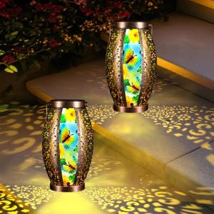 2PC Solar Lantern Outdoor Waterproof Glass & Metal Garden Decor Gifts for Women Mom Grandma Large Hanging Solar Light Tabletop Lamp for Yard, Patio, Porch (Butterfly)