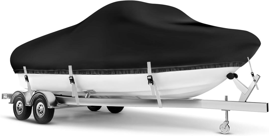 Boat Cover 28-30 ft, Waterproof 1200D Heavy Duty Boat Cover, PU Marine Grade Polyester Boat Covers 28-30 ft, Fits Bass, V-Hull, Tri-Hull, Runabout, Jon, Fishing, Trailerable, Beam Width 190 inch , Black-black