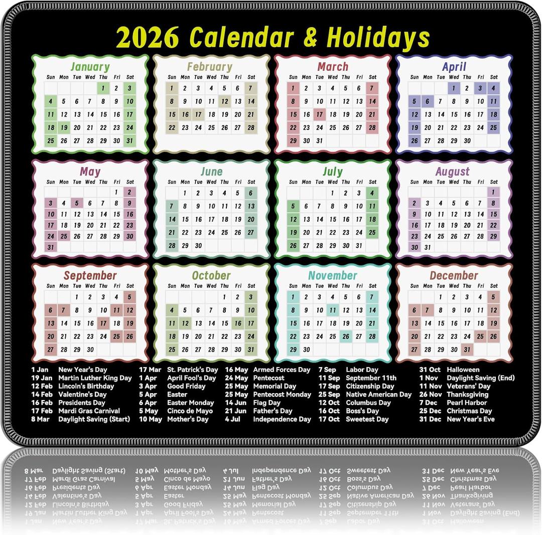 2026 Calendar Mouse Pad9.8 * 11.8in Portable Size|Waterproof, Non-Slip, Smooth to use|with Complete 2026 Holiday Markings|Mouse pad for Work, Study, and Gaming