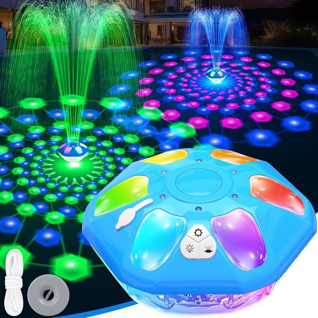 2026 Upgraded Pool Fountain,9000mah Rechargeable Floating Pool Fountain with Light Show,Above Ground Pool Water Fountain Pump with Anchor,Large Floting Fountain for Inground Pool-1PC Light Blue