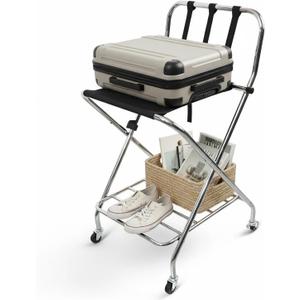 Foldable Luggage Rack with Wheels for Guest Room - Metal Frame Folding Suitcase Stand With 2 Shelves - Portable Luggage Storage Rack - Easy Assembly Suitcase Holder for Hotel, Travel and Bedroom