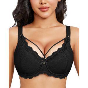 YAEHOL Sexy Lace Bras for Women Plus Size Push Up Bra Full Coverage Underwire Bra (38DD, All Black)