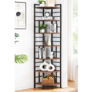 HOMISSUE Corner Shelf, 7 Tier Tall Narrow Bookshelf 82.6", Industrial Corner Bookcase with Storage for Home Office Living Room and Bedroom, Brown