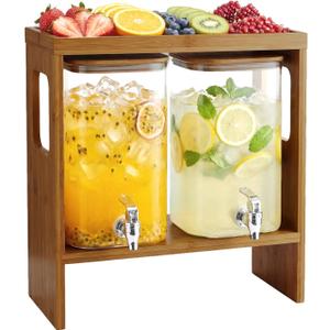2 PCS 1.2 Gallon Drink Dispenser, Glass Beverage Dispenser with Wood Stand and Detachable Food Platter, Party Drink Dispensers for Lemonade, Juice, Tea, Ice Coffee