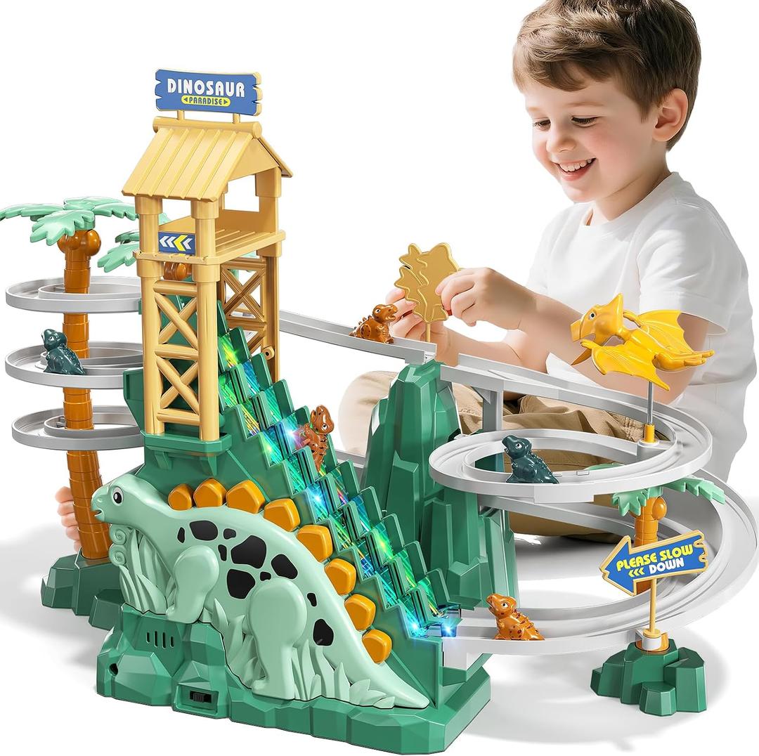 JUKUDAHU Dinosaur Climbing Slide Stair Toy for Toddlers Aged 3 4 5 6 7 8 - Racing Track Game Set, Sliding Car Toy, Dinosaur Themed with Light and Music, Birthday Dinosaur Gifts for Boys Girls Kids