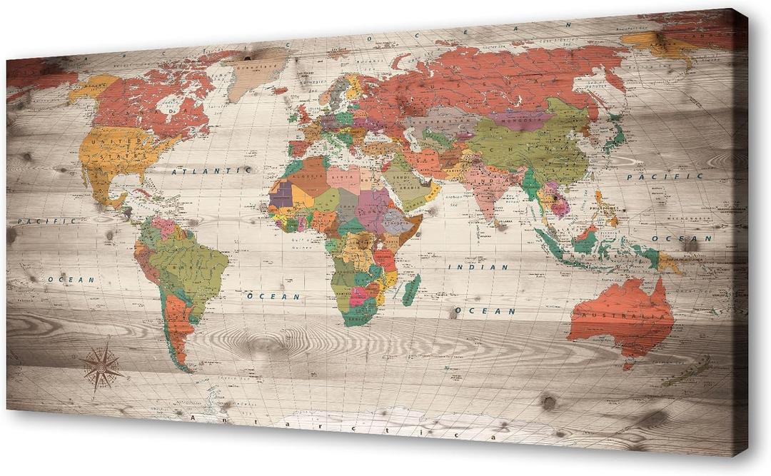 Vintage World Map Wall Art, Large Antique Style Map on Wood Plank Background, Retro Political World Map Poster for Living Room, Office, Study Decor, Canvas Print/Wall Decor