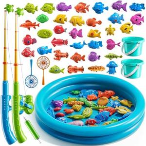 TEMI Magnet Fishing Game for Kids 4-8, Fish Toys for Kids 3-5, Bathtub Floating Fishing Pole, Water Table Pool with Rod Net, Summer Water Play Indoor and Outdoor, Gifts for Holiday for Boy and Girls