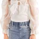 WDIRARA Girl's Bow Front Cute Long Sleeve Blouse Mock Neck Shirt Ruffle Mesh Casual Top Tee White 6 Years