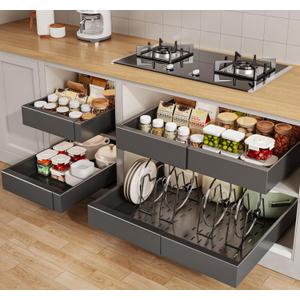 4 Pack Pull out Cabinet Organizer 21"Deep with Raising Pad for Framed Cabinets, Expandable Slide out Drawers for Kitchen Cabinets with 4pcs Divider Racks, Roll out Shelves 12.1"-20.4" W Black 4 Pack Pull out Cabinet Organizer 21"Deep with Raising Pad for Framed Cabinets, Expandable Slide out Drawers for Kitchen Cabinets with 4pcs Divider Racks, Roll out Shelves 12.1"-20.4" W Black