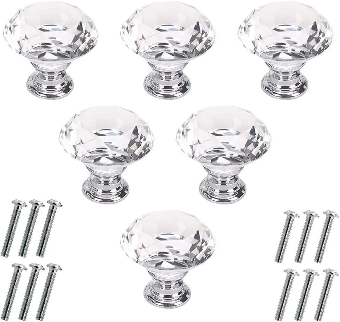 Akstore 6 Pcs Crystal Glass Cabinet Knobs 30mm Diamond Shape Drawer Kitchen Cabinets Dresser Cupboard Wardrobe Pulls Handles (30mm, Clear)