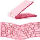 MEETION New Ergonomic Bluetooth Foldable Keyboard, Split Compact Portable Wireless Keyboard for Business Travel, Rechargeable Folding Keyboard for Tablet PC Smartphone iOS Android Windows Mac Pink