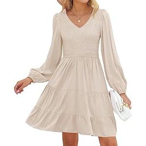 ZESICA Women's Casual V Neck Long Sleeve Smocked High Waist Ruffle A Line Tiered Mini Dress, Beige, Medium