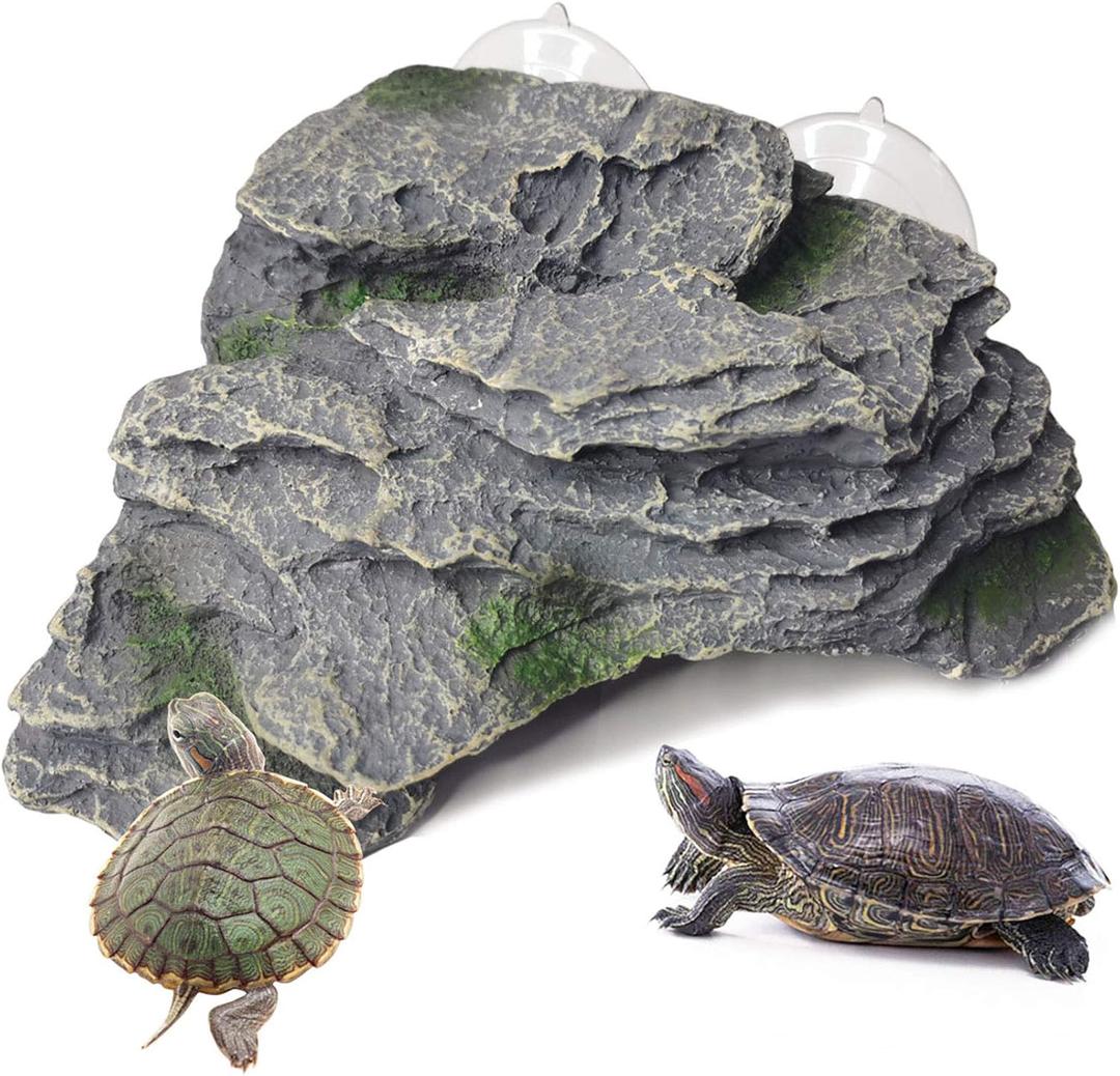 PINVNBY Turtle Basking Platform, Reptile Climbing Shale Resin Ledge Stone, Aquarium Ornament Rock Landscaping Decoration with Suction Cups for Frogs Newts Lizard (Large:7.1Lx6.3Wx2.7H)