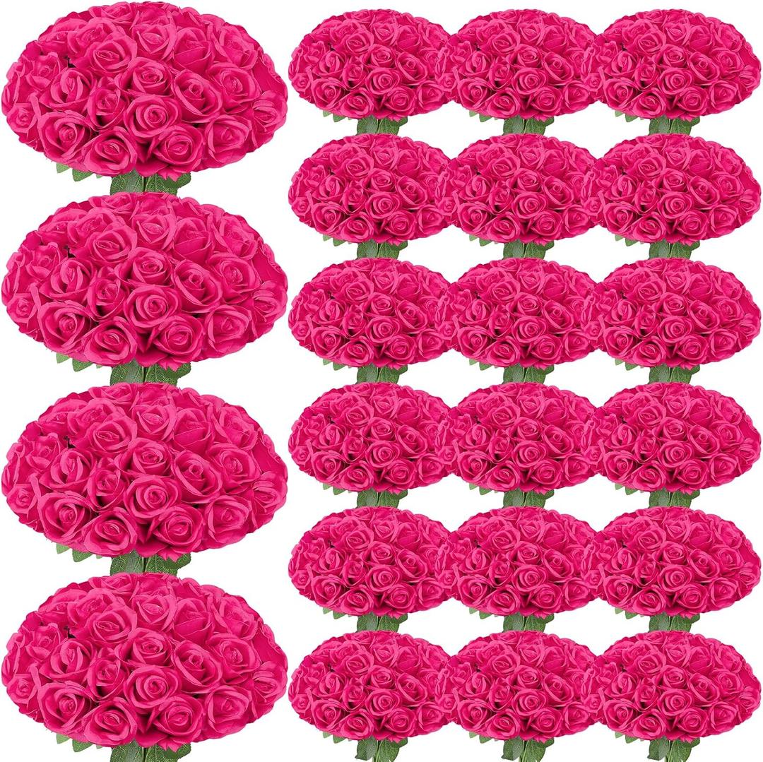 150 Pcs Roses Artificial Flowers,Silk Light Hot Pink Artificial Flowers Fuchsia Petals Long Stem Roses for Wedding Bouquet Home Party Decor