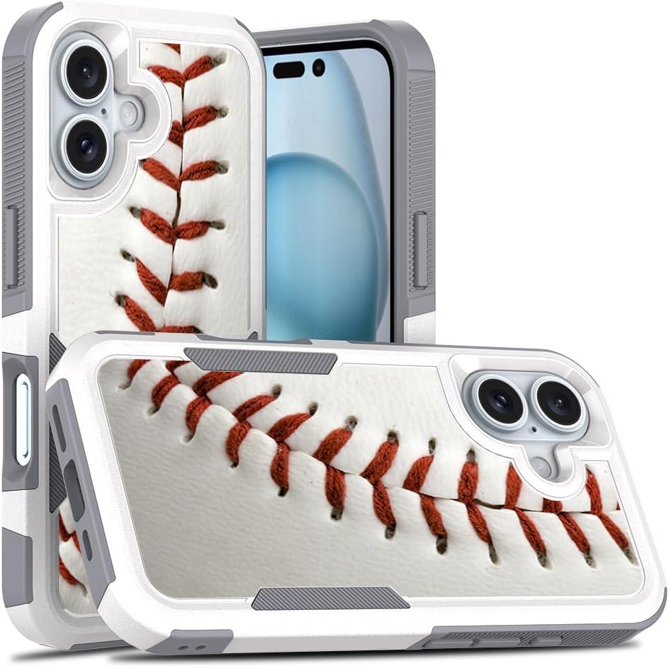 Case for iPhone 16, Baseball Sports Pattern Shock-Absorption Hard PC and Inner Silicone Hybrid Dual Layer Armor Defender Case for iPhone 16