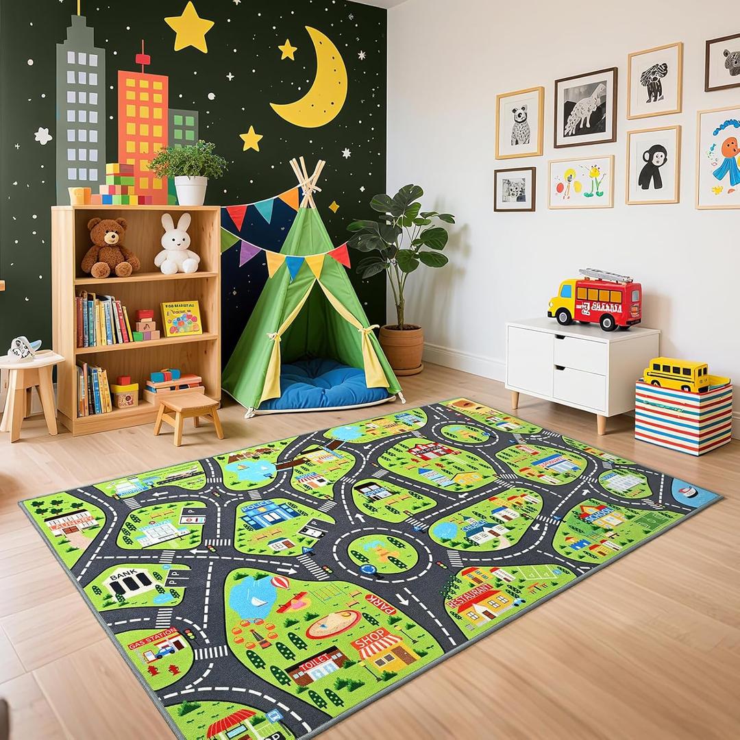 Kids Car Play Rugs - 36"x60" Learning and Fun City Road Map Play Mat for Playing with Cars Trucks, Non-Slip Playmat for Nursery, Playroom Bedroom and Classroom, Machine Washable