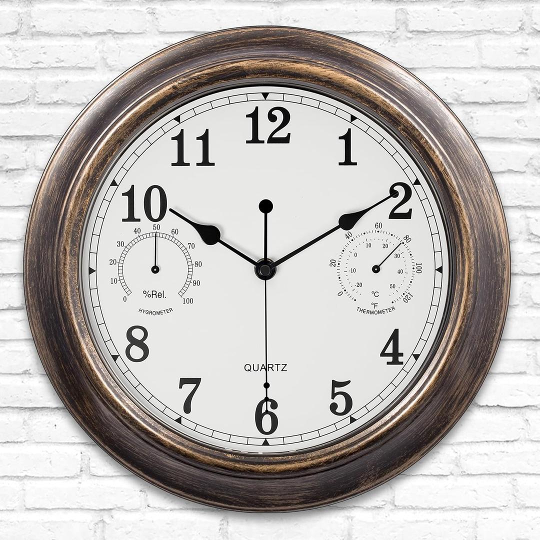 Outdoor Clocks for Patio Waterproof with Thermometer, Battery Operated Silent Outdoor Wall Clocks, 12 Inch Small Vintage Decorative Outside Clock for Kitchen Decor - Bronze
