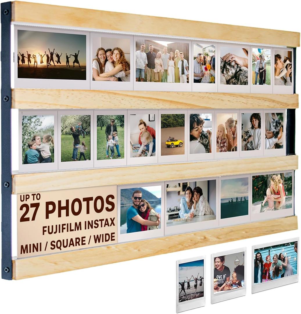 Tapeera Wood Multi Photo Collage Frame For Wall Compatible with Fujifilm Instax Mini Film, Instax Wide & Square - Up to 27 Photos - 3-Tier Rail Mini Picture Frame - Not Compatible with Polaroid Film, Instax mini / 2x3