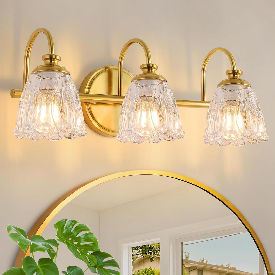 Bathroom Light Fixtures (3-Light), Vintage Brushed Gold Vanity Lights for Bathroom with Clear Tulip Crystal Glass Shade, Vanity Wall Light Over Mirror for Bedroom Living Room Hallway
