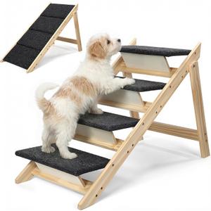 Dog Stairs/Steps, 2-in-1 Foldable Wooden Pet Stairs, Wood Frames and Non-Slip Carpet Suitable for High Beds, Car, Couch, Durable Wooden Dog Stairs for Small Medium and Large Dogs,4 Steps