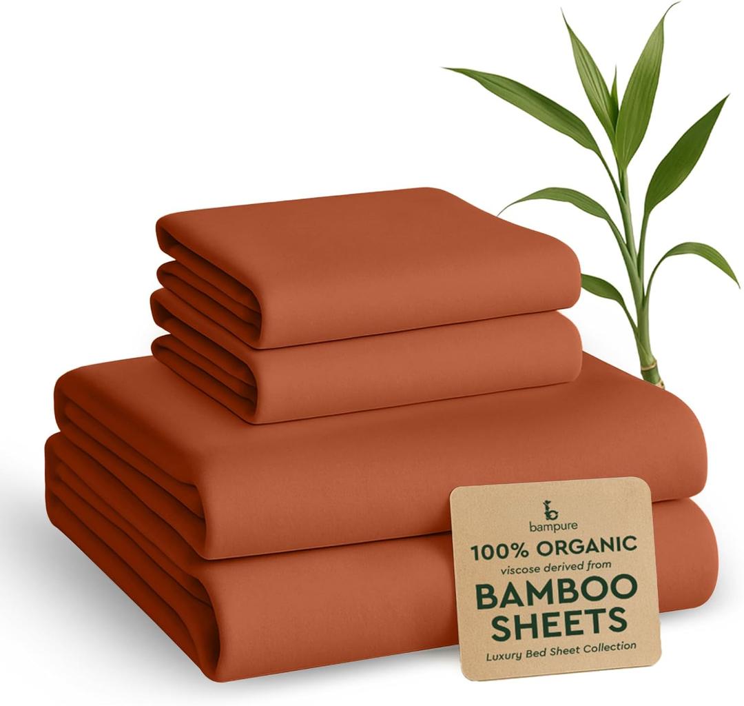 BAMPURE 4-Piece King Sheet Set 100% Viscose Derived from Bamboo Super Soft Cooling Sheets for Hot Sleepers Deep Pocket Fits Up to 16" King Size Mattress (Terracota)