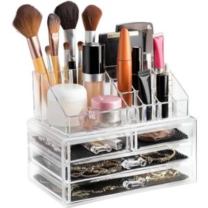 Masirs Clear Makeup Organizer - 16-Compartment Cosmetic and Jewelry Holder with 4 Drawers - Vanity Storage Box for Makeup, Skincare, Accessories, and Jewelry Display