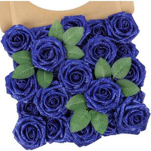 N&T NIETING Artificial Flowers Glowing Navy Blue Flowers Foam 25pcs Glitter Roses Real Looking Fake Roses with Stem for DIY Wedding Bouquets Centerpieces Bridal Shower Party Home Decorations