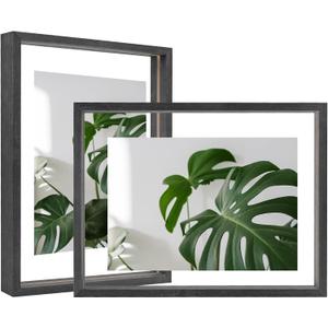 Egofine 9x12 Floating Frames Set of 2, Double Plexiglass Picture Frame, Made of Solid Wood Display Any Size Photo up to 9x12, Wall Mount or Tabletop Standing, Faded Black