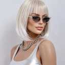 Rugelyss Creamy Champaign White Short Platinum Bob Wig with Bangs Ombre to Blonde Hair Synthetic Heat Resistant 12 Inch Wigs for Women
