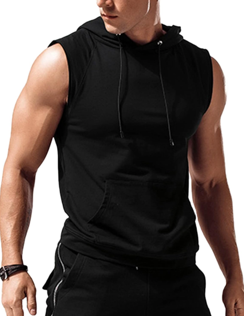 Amussiar Men's Workout Hooded Tank Tops Sleeveless Gym Training Hoodies Bodybuilding Muscle Cut Off T Shirt S