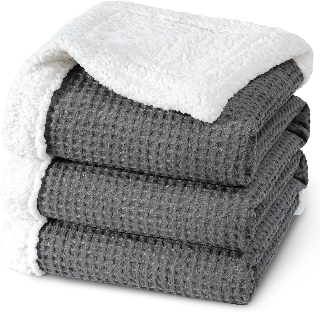 PHF Waffle Sherpa Blanket Queen Size, 90x90 Inches Luxury Plush Flannel Fleece Blanket for Winter, No Shed No Pilling, Cozy Soft & Reversible Waffle Weave Bedding for Home Decor, Grey (Queen(90"x90"))