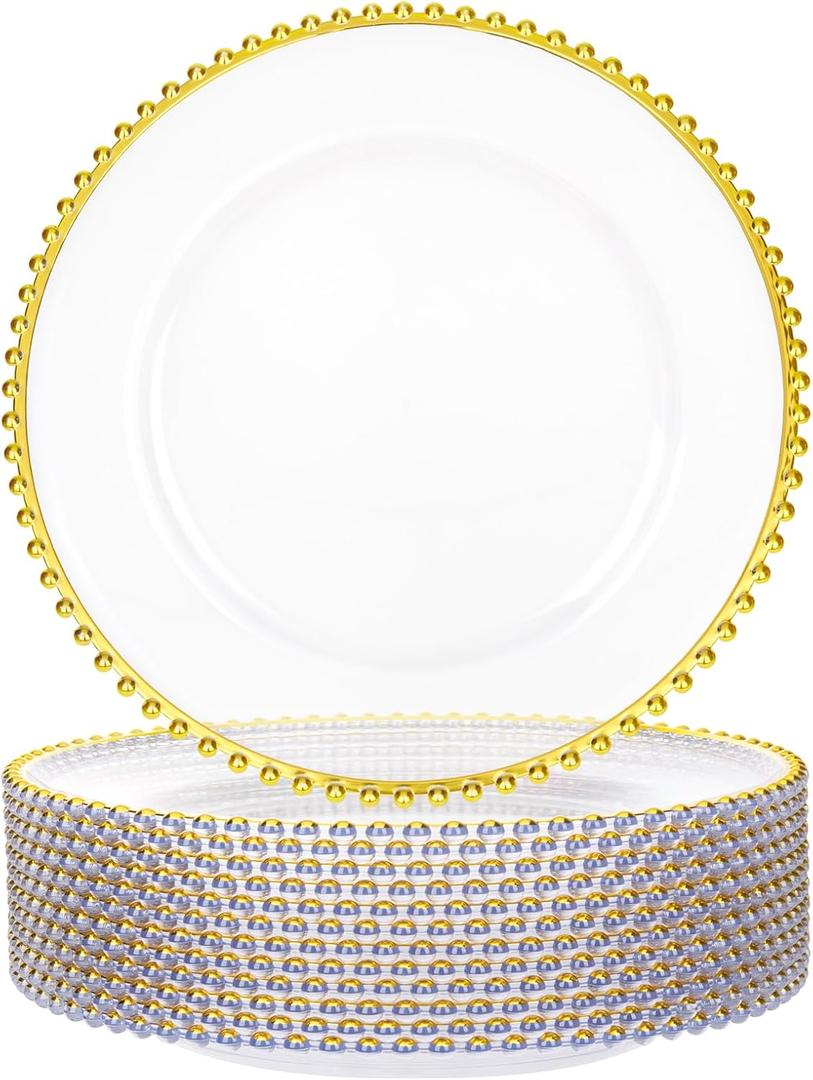 12 Pack Clear Charger Plates with Gold Beaded Rim, 13 Inch Plastic Charger Plates Bulk for Wedding, Elegant Dinner Party & Event Decor, Heavy Duty Reusable Clear and Gold Chargers for Dinner Plates