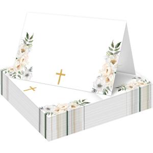 Baptism Table Place Cards, Floral Place Cards for Table Setting, First Holy Communion Christening Religious Christening Celebration Fill-in Place Cards, 25 Pack -08