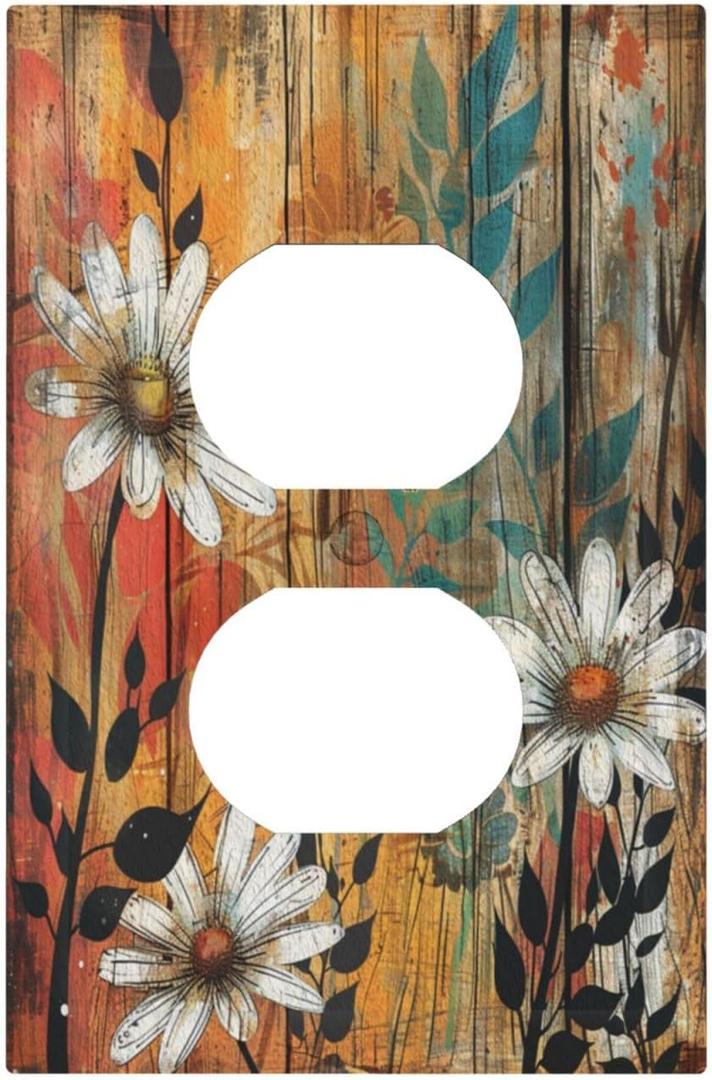 Decorative Outlet Covers Vintage Wooden Daisies Butterflies Floral 1 Gang Duplex Light Switch Cover Plate Electrical Switch plates Wall Plates Receptacle Covers for Bathroom Farmhouse Decor