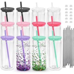 12 Pack 20oz Acrylic Snowglobe Tumbler, Pre-Drilled Double Wall Plastic Clear Cup, Plastic Mason Jar with Lids and Straw, Reusable Clear Beer Can for Snow Globe Glitter DIY