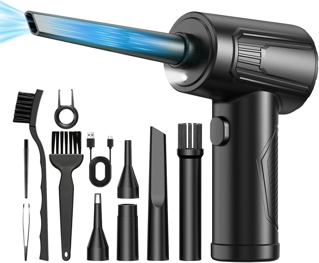 11-in-1 Compressed Air Duster-3-Gear Adjustable 120000 RPM Electric Air Duster with LED Light, Reusable no Canned Keyboard Cleaner for Office, 9000mAh Cordless Air Duster for Computer/Car/Home (Black)